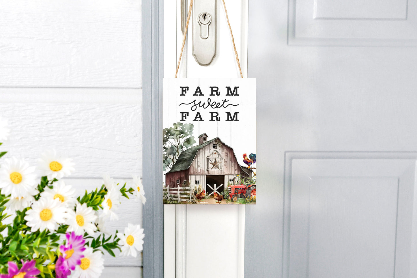 Wall Decor, Welcome Sign,  Farm Sweet Farm Barn and Tractor Farmhouse Decor Printed Handmade Wood Sign Door Hanger Sign