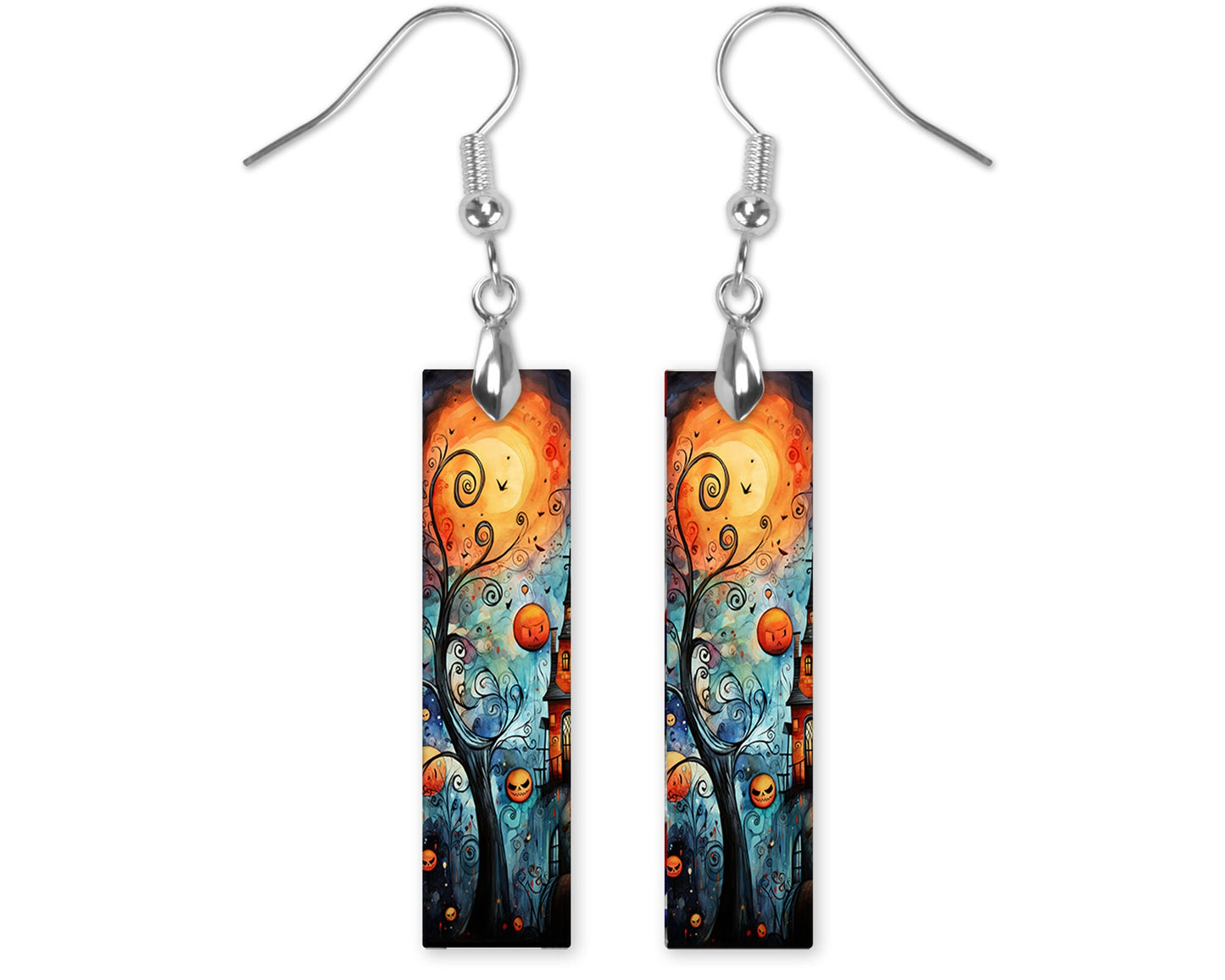 Earrings, Blue Halloween Bar Dangle Printed Earrings Jewelry Handmade