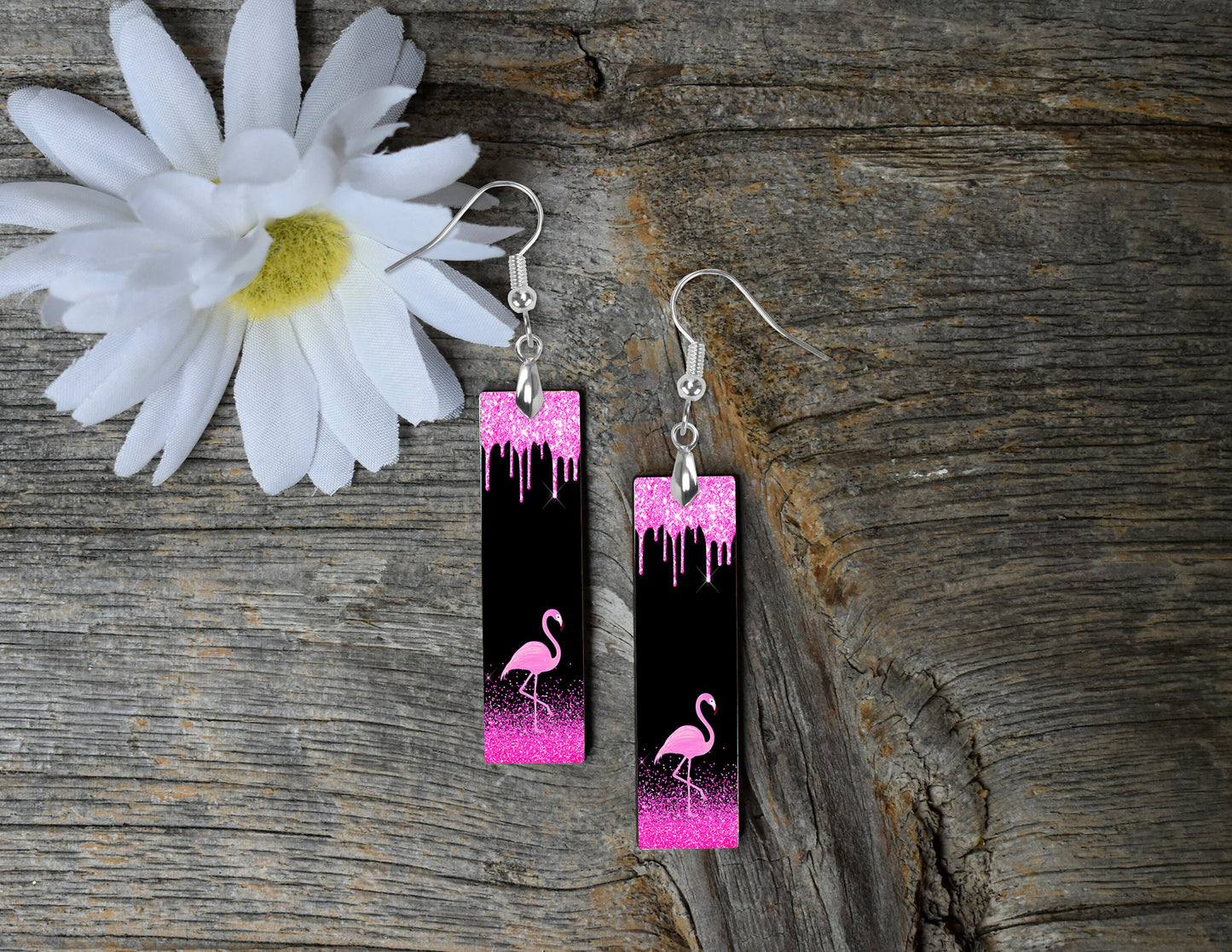 Earrings, Pink Flamingo Glitter Drip Bar Dangle Printed Earrings Jewelry Handmade