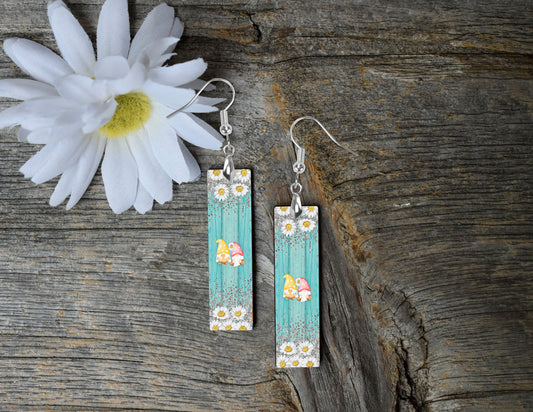 Earrings Daisy Gnome Printed Wood Dangle Earrings Hypoallergenic Jewelry Handmade