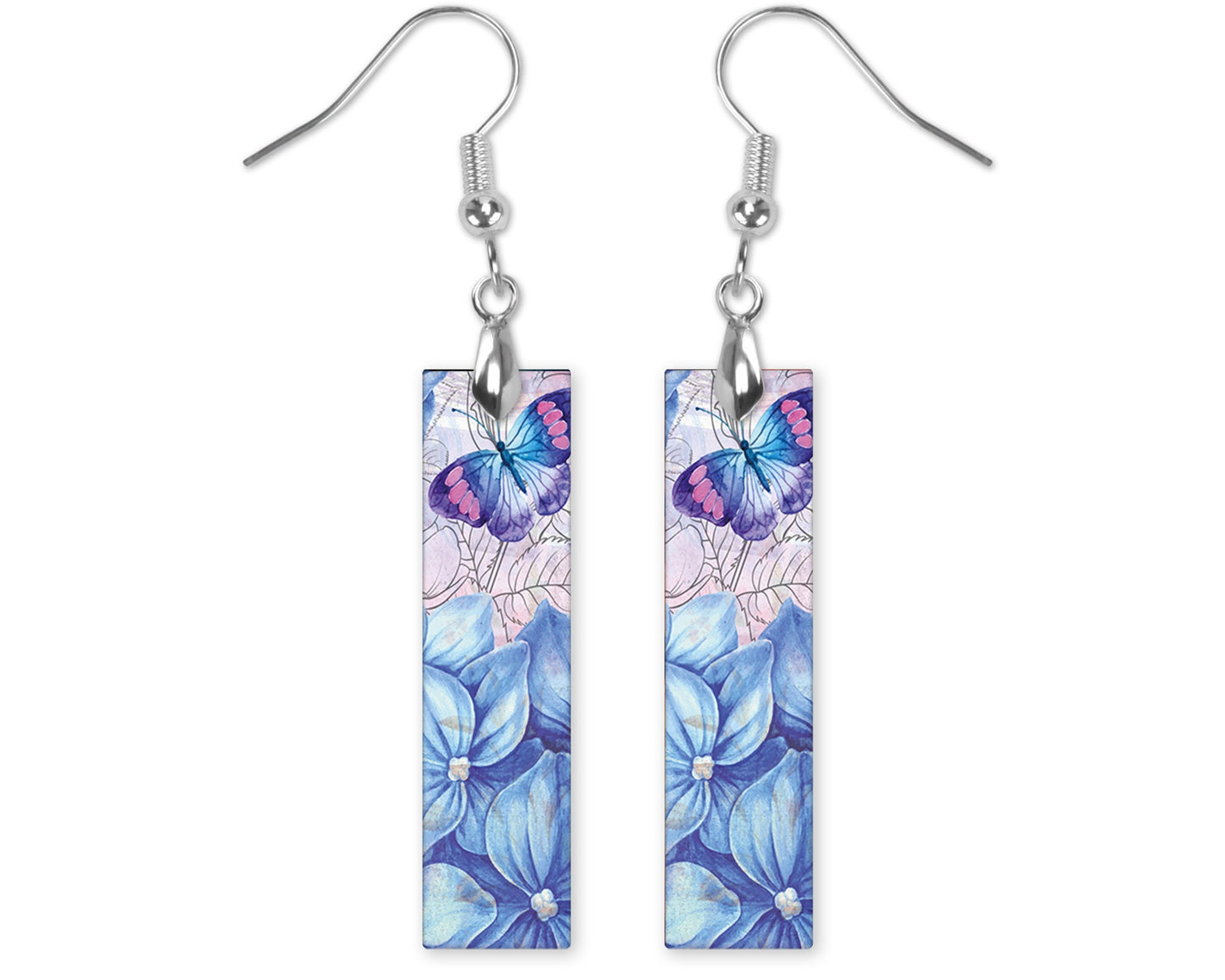 Earrings Hydrangea and Butterfly Printed Wood Dangle Earrings Hypoallergenic Jewelry Handmade