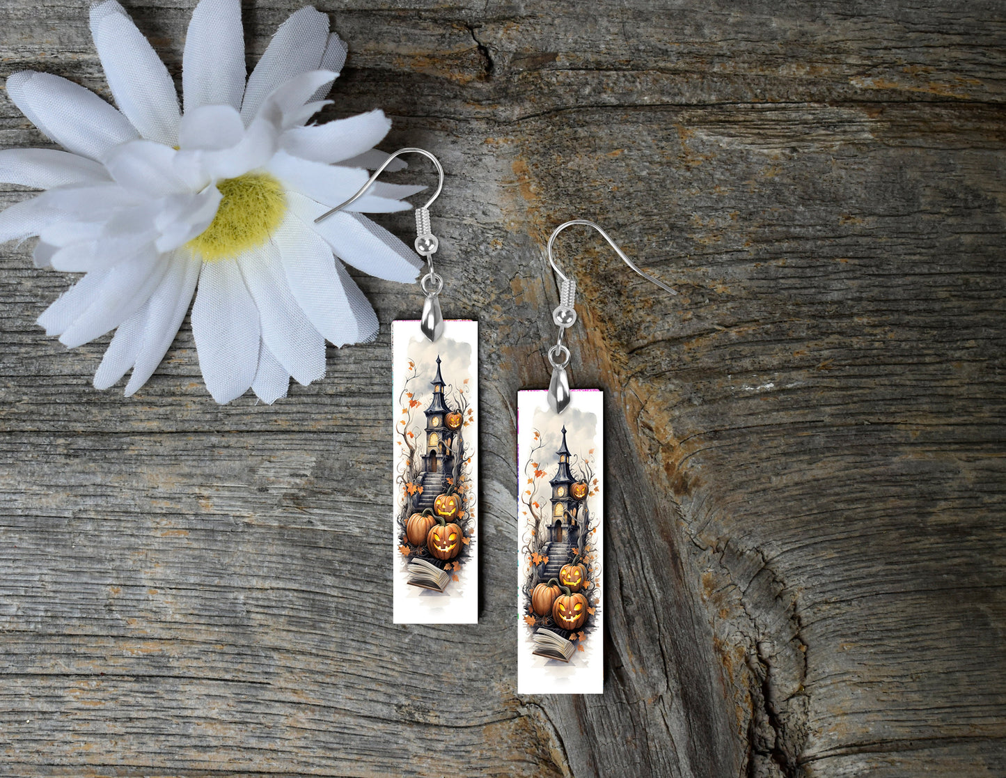 Earrings,  Pumpkins and Haunted Tower Halloween Printed Wood Dangle Earrings Hypoallergenic Jewelry Handmade