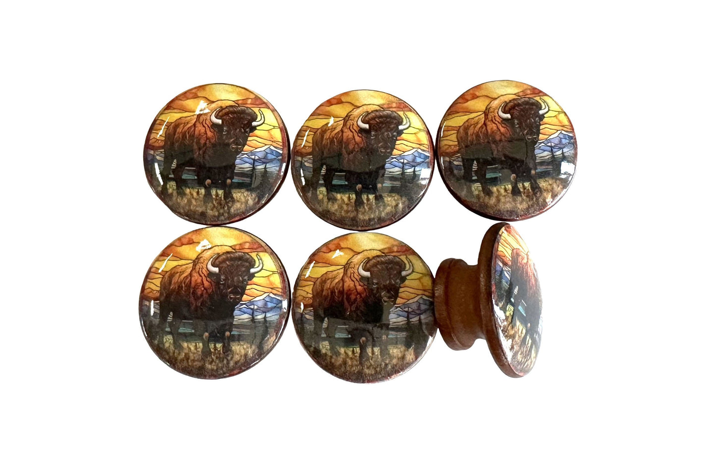 Western Knobs, Set of 6 Stain Glass Look Bison Wood Cabinet Knobs, Drawer Knobs and Pulls, Kitchen Cabinet Knobs,