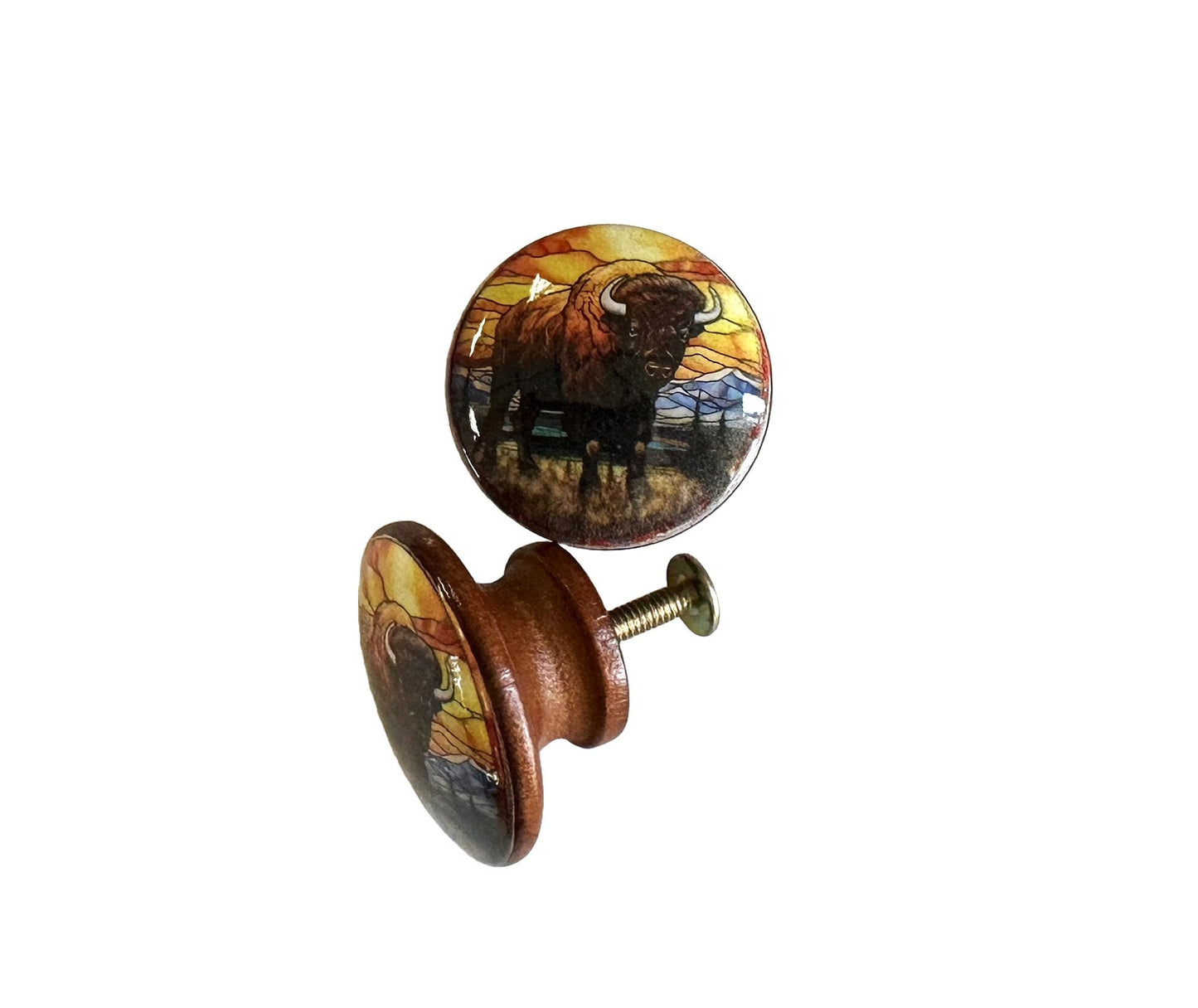 Western Knobs, Set of 6 Stain Glass Look Bison Wood Cabinet Knobs, Drawer Knobs and Pulls, Kitchen Cabinet Knobs,