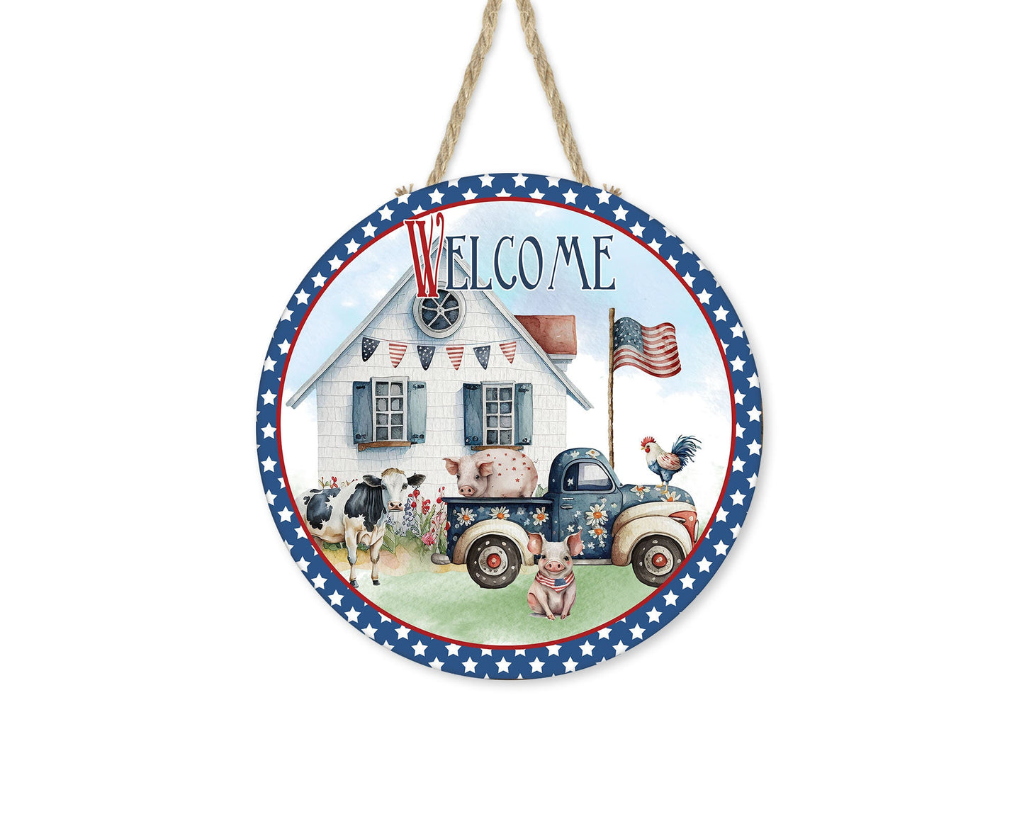 Patriotic Farmhouse Welcome Round Printed Handmade Wood Sign Farmhouse Door Hanger Wreath Sign