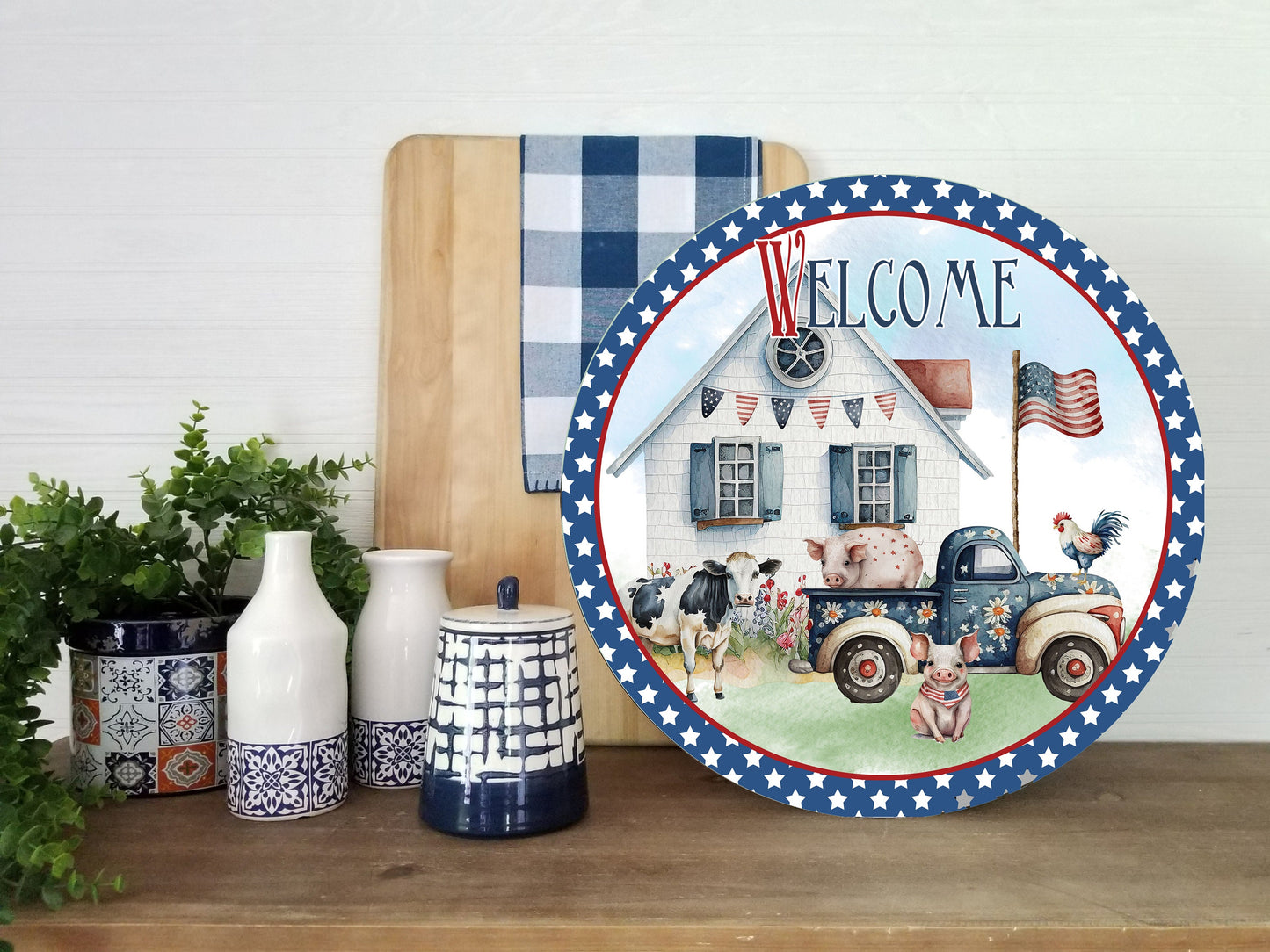 Patriotic Farmhouse Welcome Round Printed Handmade Wood Sign Farmhouse Door Hanger Wreath Sign