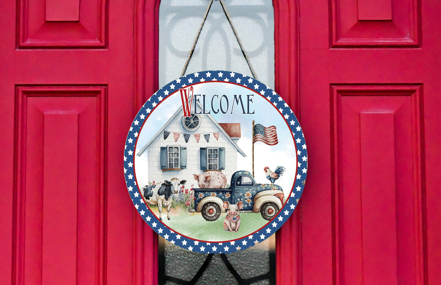 Patriotic Farmhouse Welcome Round Printed Handmade Wood Sign Farmhouse Door Hanger Wreath Sign