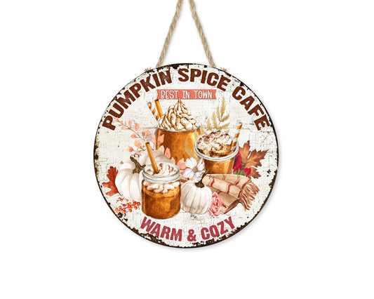 Pumpkin Spice Cafe Fall Round Printed Handmade Wood Sign Farmhouse Door Hanger Wreath Sign