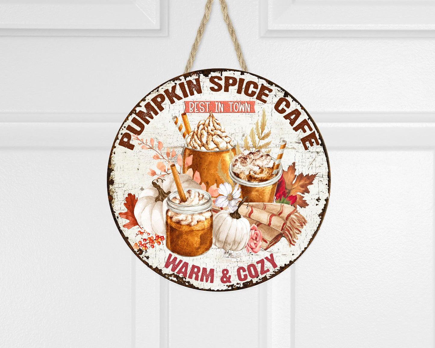 Pumpkin Spice Cafe Fall Round Printed Handmade Wood Sign Farmhouse Door Hanger Wreath Sign