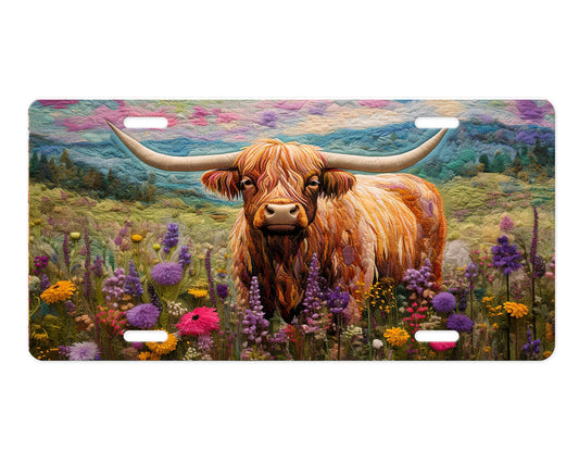 Highland Cow in Wildflowers  Printed Aluminum Front License Plate, Car Accessory, Vanity Plate, Cute Car Tag