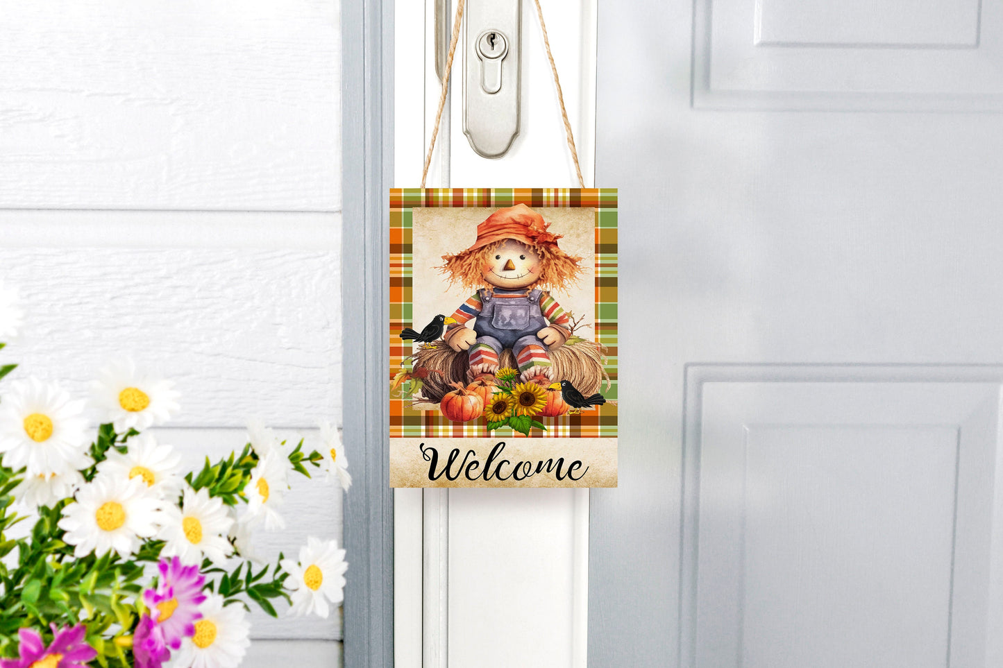 Fall Decor, Fall Sign, Scarecrow Welcome Farmhouse Decor Printed Handmade Wood Sign Door Hanger Sign