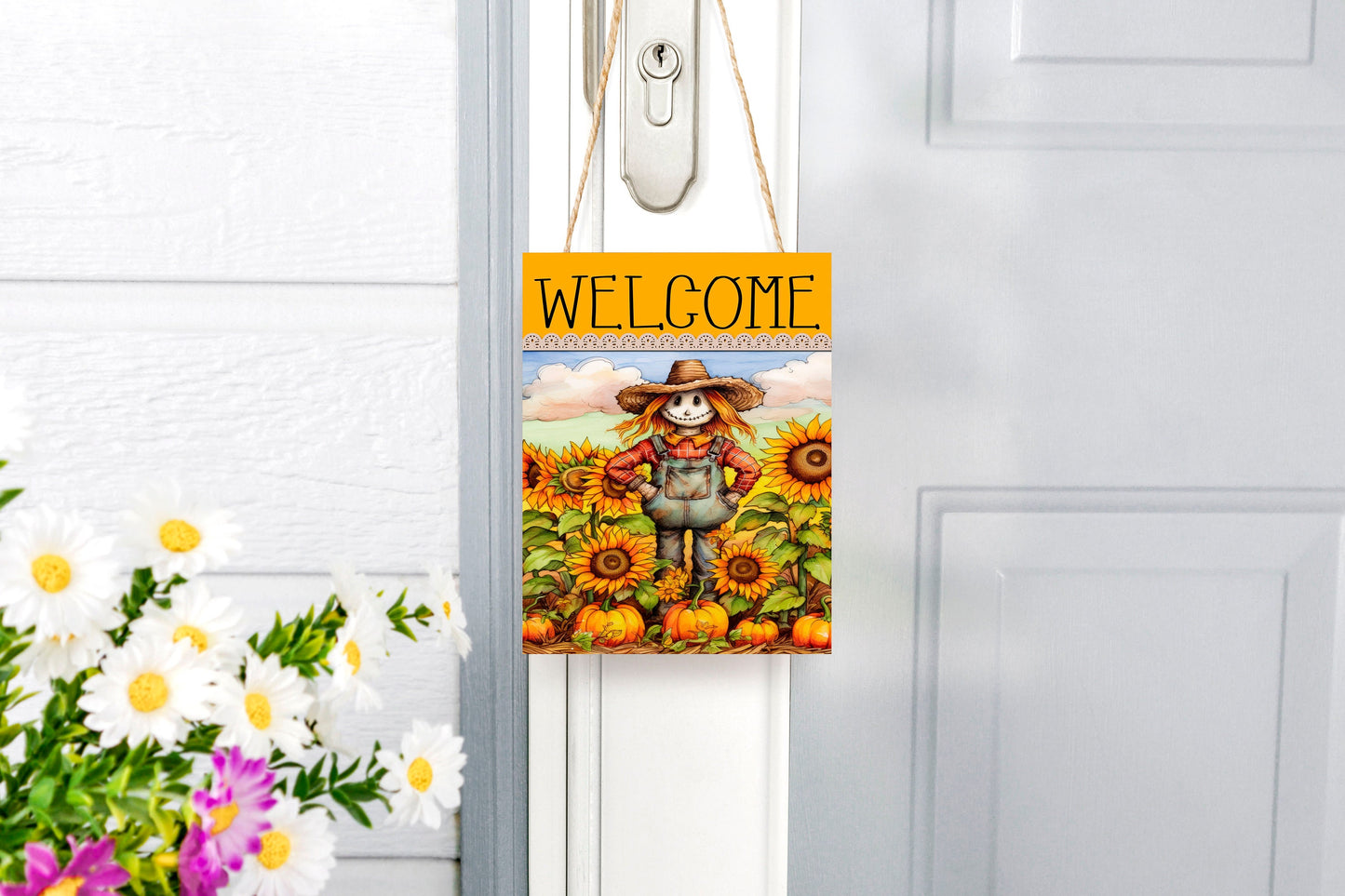 Fall Decor, Fall Sign, Sunflower Fields Scarecrow Welcome Farmhouse Decor Printed Handmade Wood Sign Door Hanger Sign