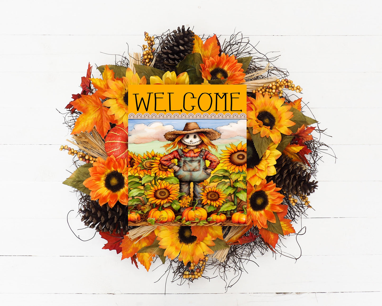 Fall Decor, Fall Sign, Sunflower Fields Scarecrow Welcome Farmhouse Decor Printed Handmade Wood Sign Door Hanger Sign