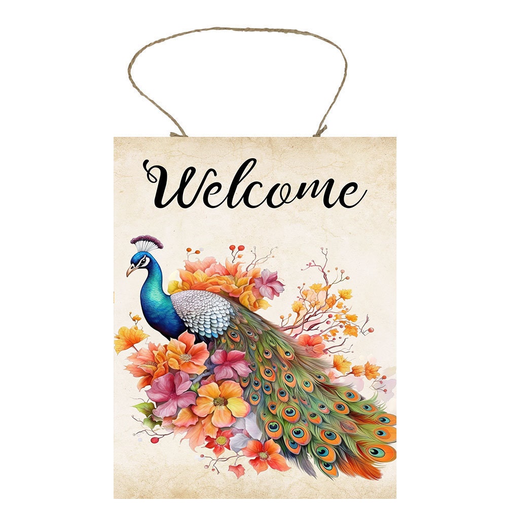 Fall Decor, Fall Sign, Welcome Fall Peacock Farmhouse Decor Printed Handmade Wood Sign Door Hanger Sign