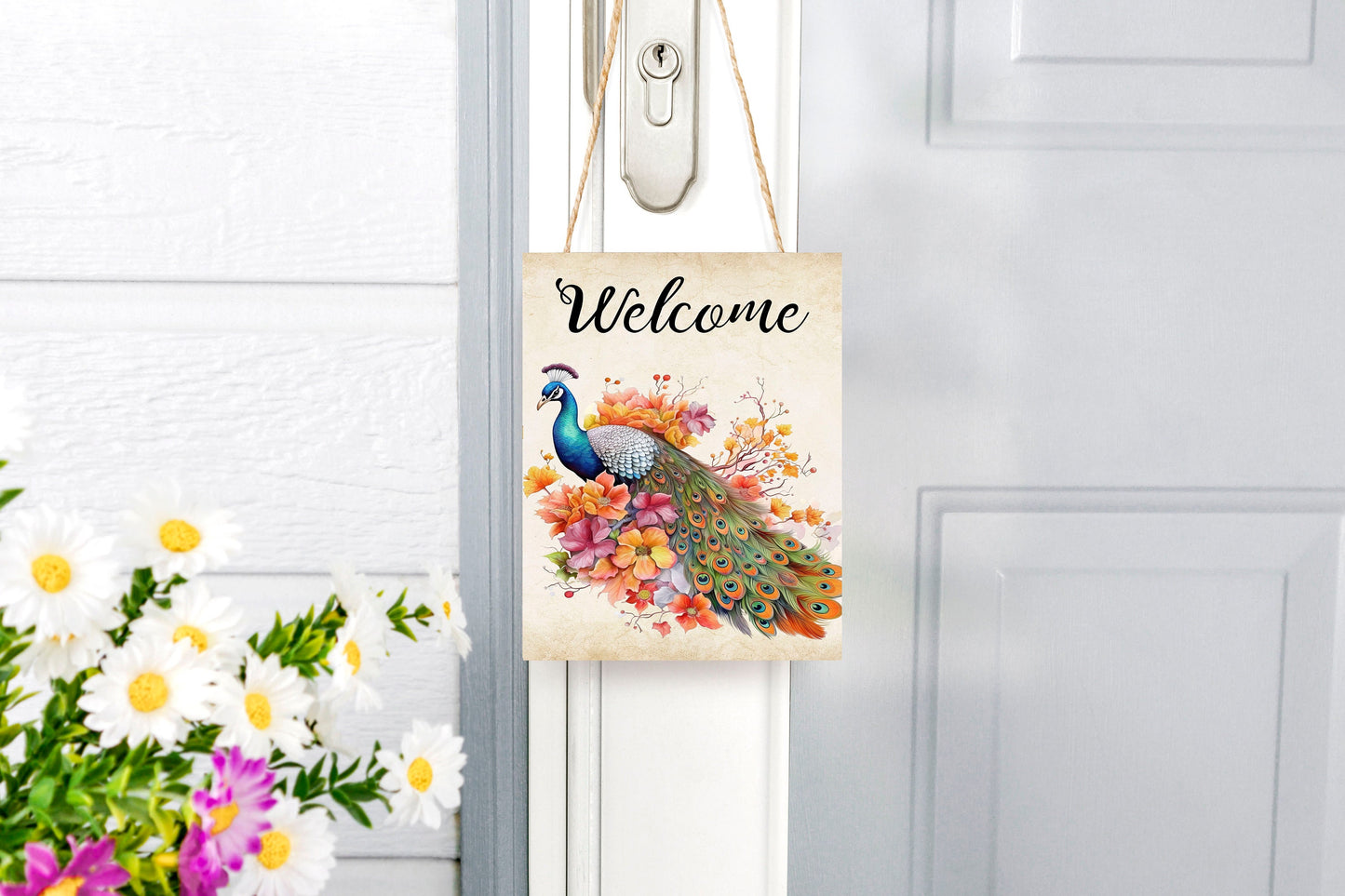 Fall Decor, Fall Sign, Welcome Fall Peacock Farmhouse Decor Printed Handmade Wood Sign Door Hanger Sign