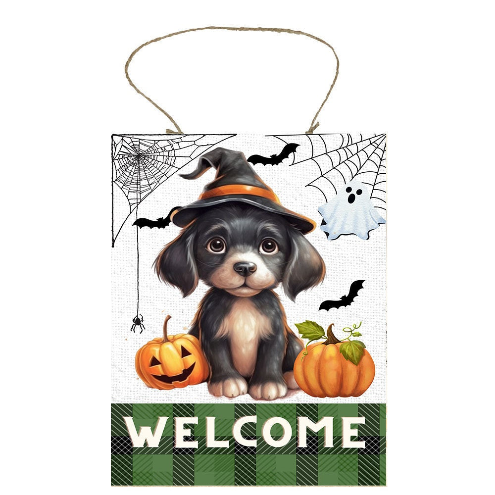 Halloween Decor, Halloween Sign, Welcome Halloween Puppy Farmhouse Decor Printed Handmade Wood Sign Door Hanger Sign