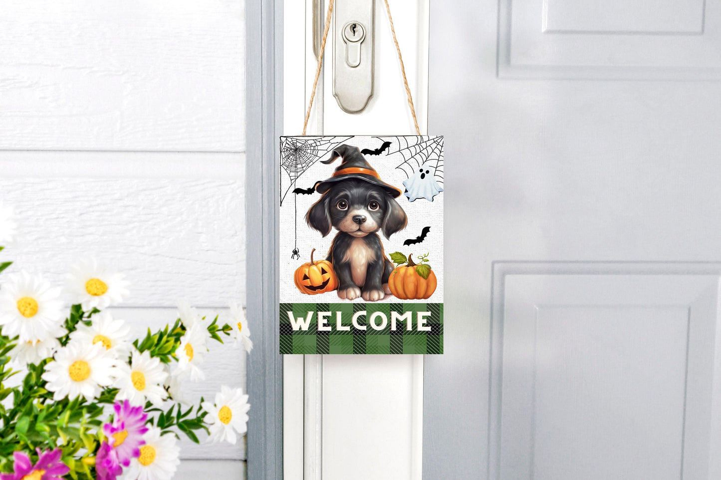 Halloween Decor, Halloween Sign, Welcome Halloween Puppy Farmhouse Decor Printed Handmade Wood Sign Door Hanger Sign