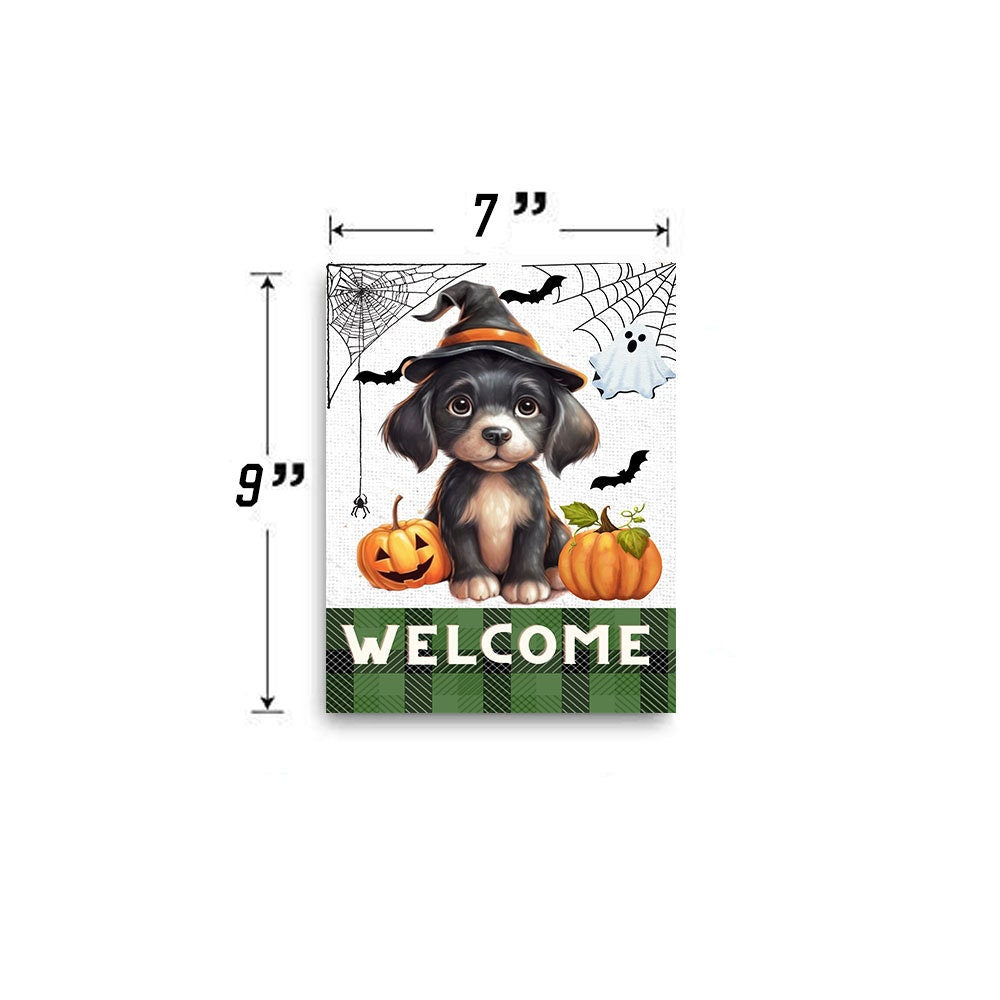 Halloween Decor, Halloween Sign, Welcome Halloween Puppy Farmhouse Decor Printed Handmade Wood Sign Door Hanger Sign