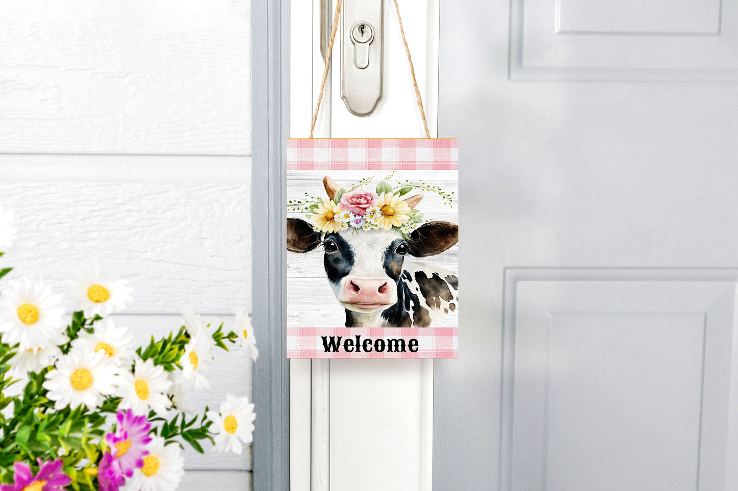 Wall Decor, Welcome Sign,  Welcome Cow Pink Plaid Farmhouse Decor Printed Handmade Wood Sign Door Hanger Sign