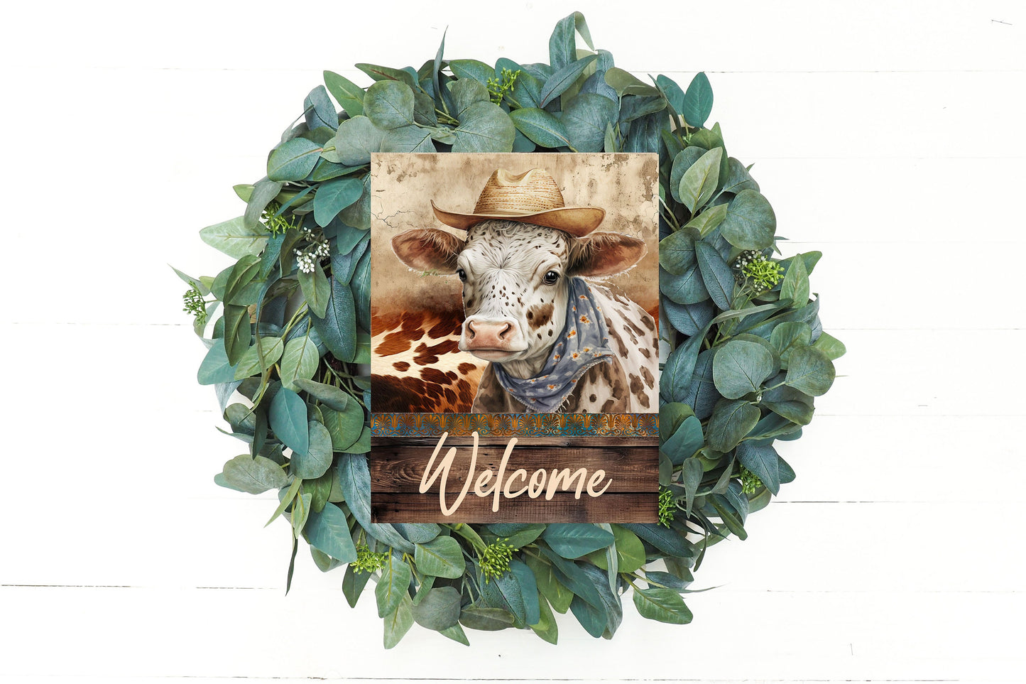 Western Wall Decor, Welcome Sign,  Cowboy Cow Welcome Farmhouse Decor Printed Handmade Wood Sign Door Hanger Sign