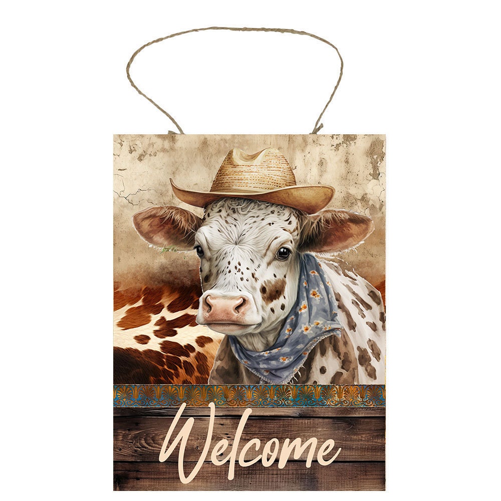 Western Wall Decor, Welcome Sign,  Cowboy Cow Welcome Farmhouse Decor Printed Handmade Wood Sign Door Hanger Sign