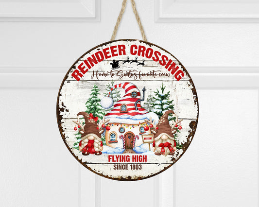 Reindeer Crossing Christmas Round Printed Handmade Wood Sign Farmhouse Door Hanger Wreath Sign