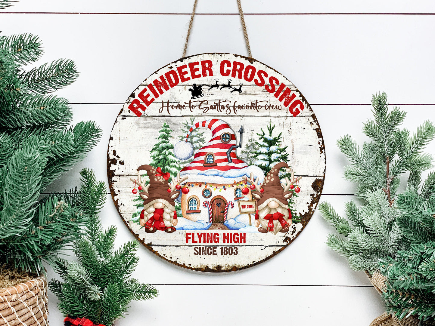 Reindeer Crossing Christmas Round Printed Handmade Wood Sign Farmhouse Door Hanger Wreath Sign