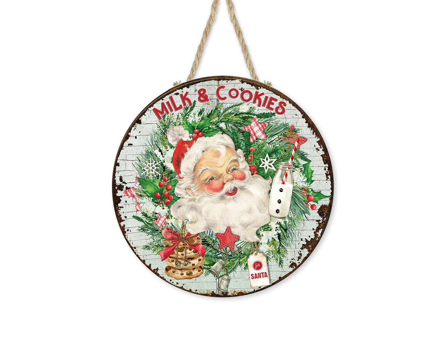 Santa Milk and Cookies Christmas Round Printed Handmade Wood Sign Farmhouse Door Hanger Wreath Sign