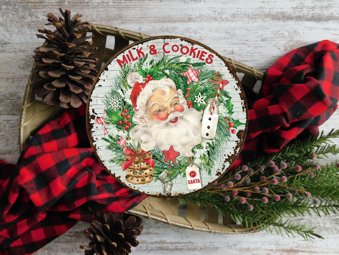 Santa Milk and Cookies Christmas Round Printed Handmade Wood Sign Farmhouse Door Hanger Wreath Sign