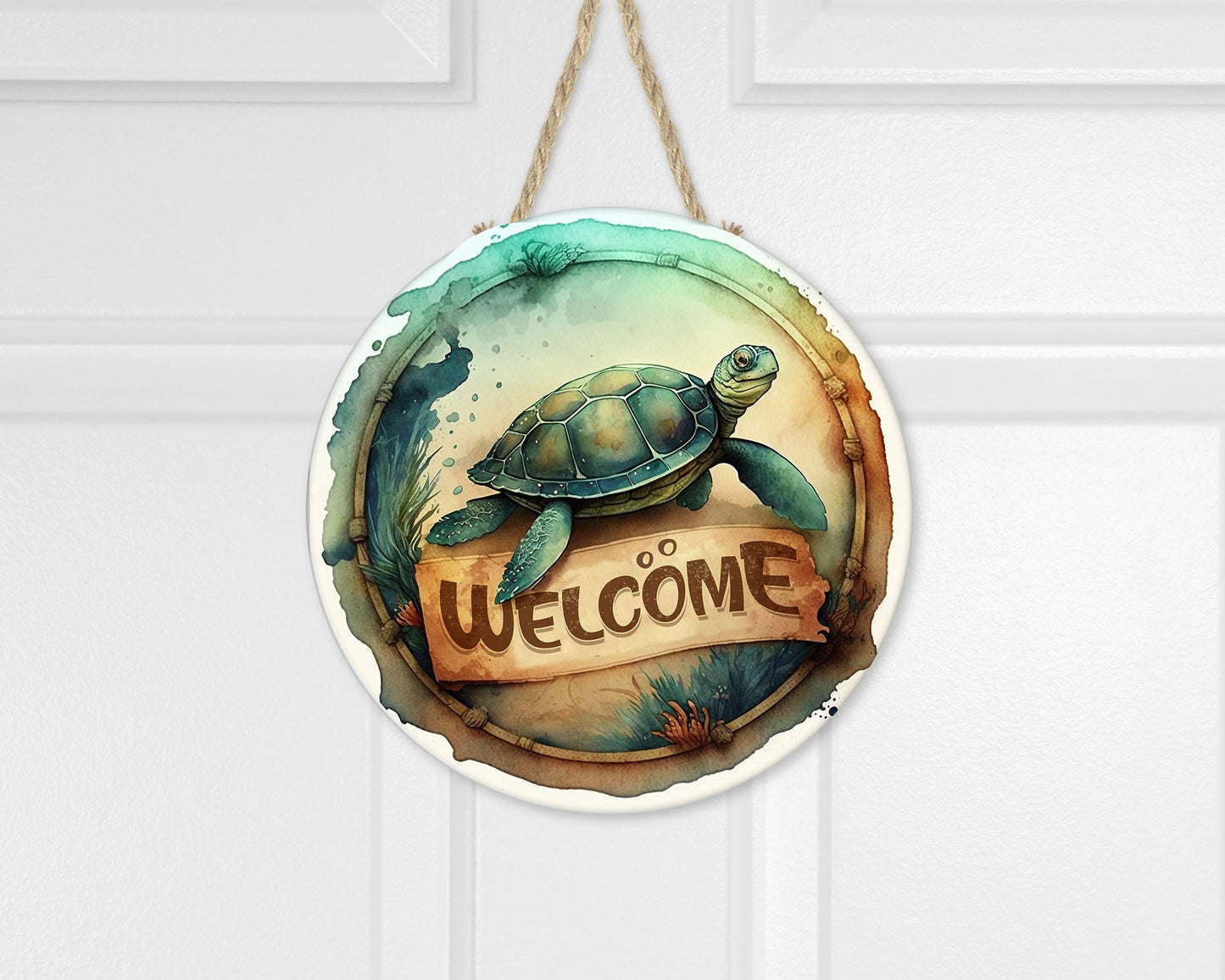 Beach Welcome Sign, Sea Turtle Welcome Round Printed Handmade Wood Sign Farmhouse Door Hanger Wreath Sign, Coastal Decor