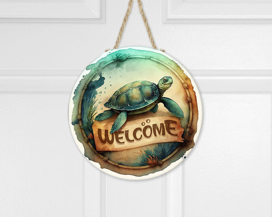 Beach Welcome Sign, Sea Turtle Welcome Round Printed Handmade Wood Sign Farmhouse Door Hanger Wreath Sign, Coastal Decor