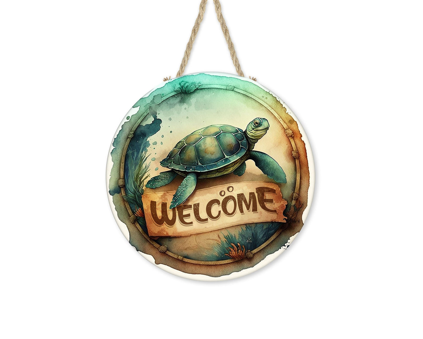 Beach Welcome Sign, Sea Turtle Welcome Round Printed Handmade Wood Sign Farmhouse Door Hanger Wreath Sign, Coastal Decor