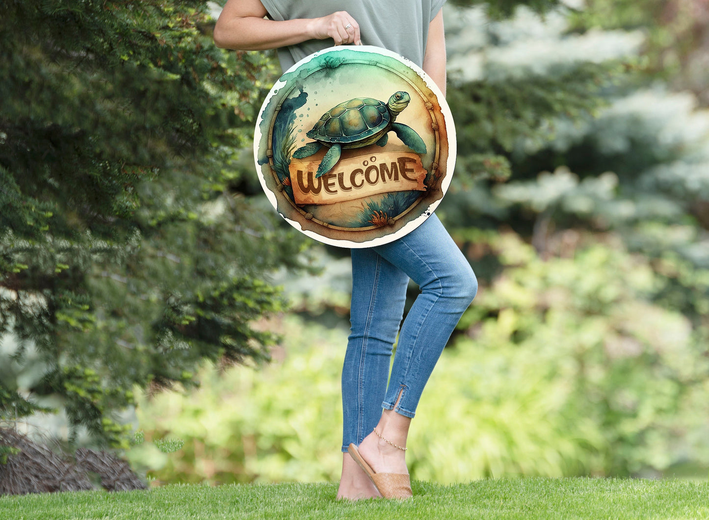 Beach Welcome Sign, Sea Turtle Welcome Round Printed Handmade Wood Sign Farmhouse Door Hanger Wreath Sign, Coastal Decor