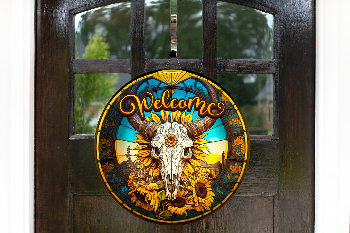 Western Welcome Sign, Faux Stain Glass Cow Skull and Sunflowers Round Wood Sign Farmhouse Door Hanger Wreath Sign, Western Decor