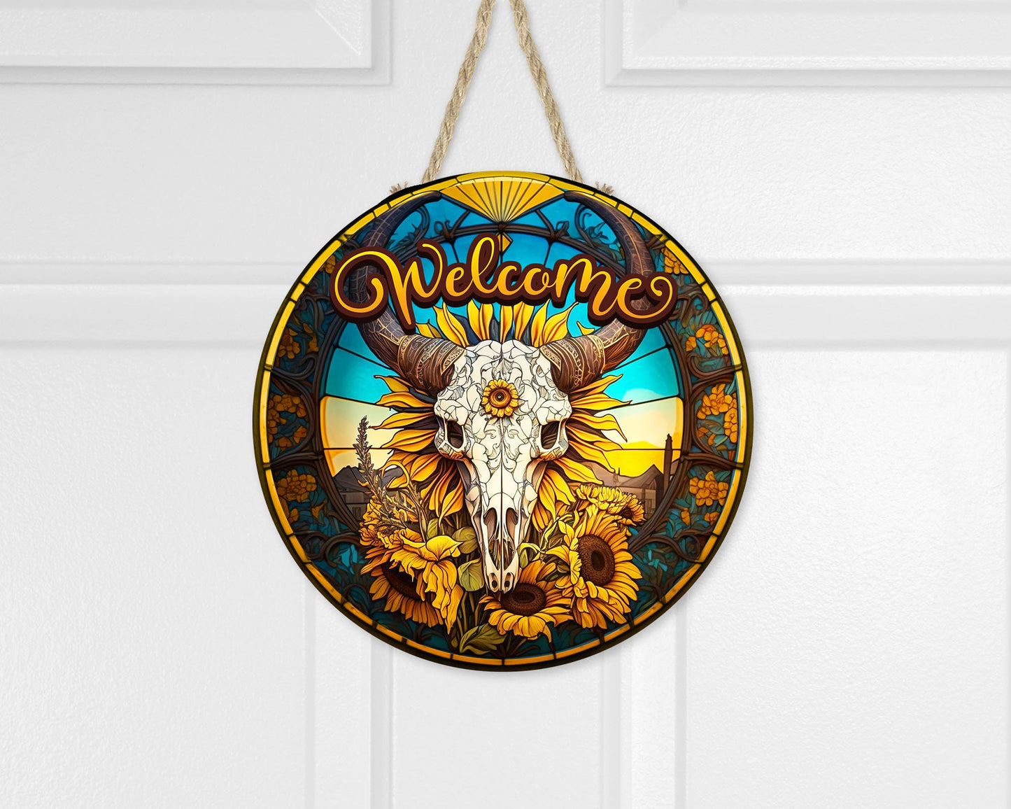 Western Welcome Sign, Faux Stain Glass Cow Skull and Sunflowers Round Wood Sign Farmhouse Door Hanger Wreath Sign, Western Decor