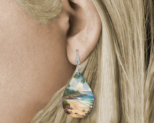 Coastal Earrings, Beach Coastline Tear Drop Dangle Printed Earrings Jewelry Handmade