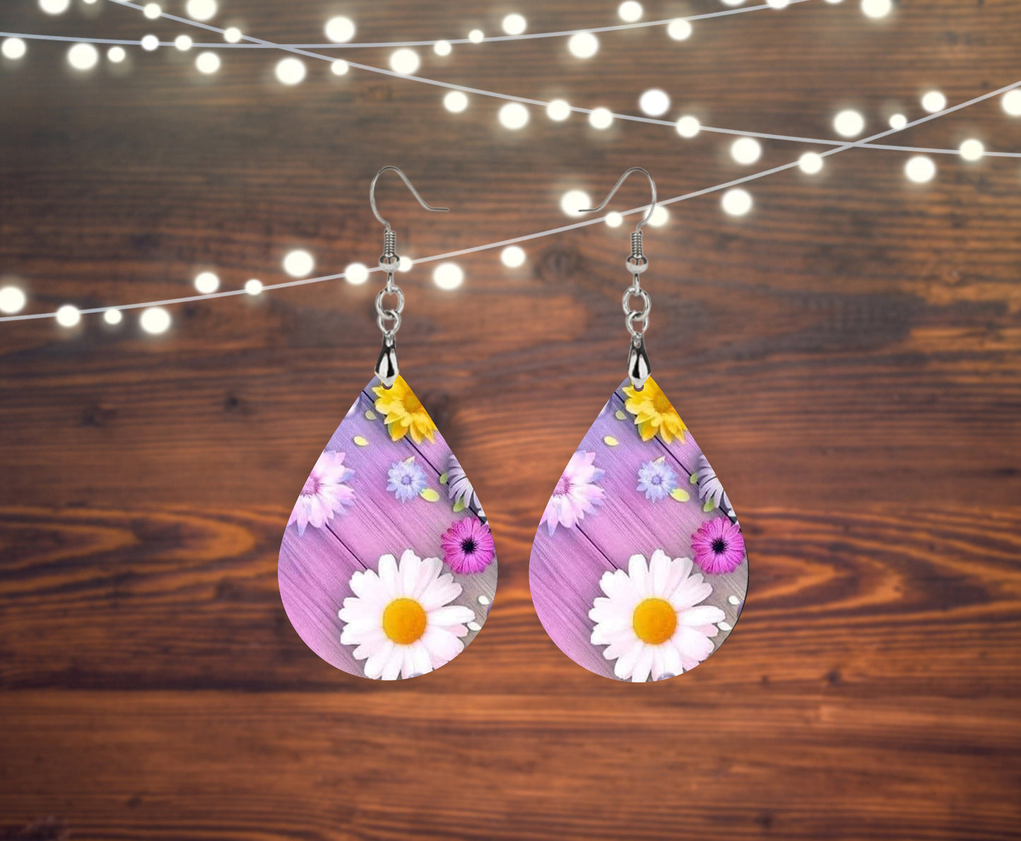 Daisy on Purple Tear Drop Dangle Printed Earrings Jewelry Handmade