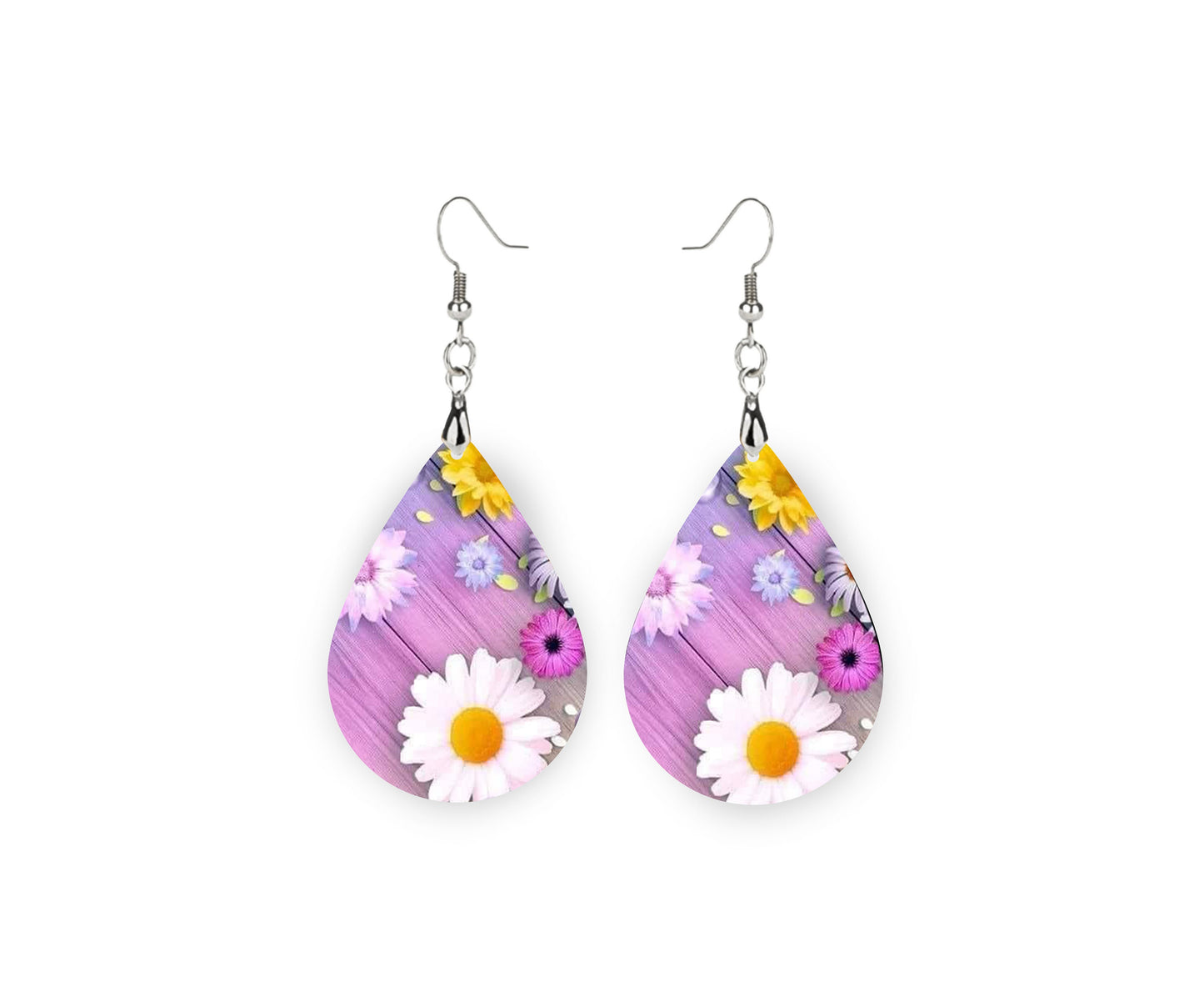 Daisy on Purple Tear Drop Dangle Printed Earrings Jewelry Handmade