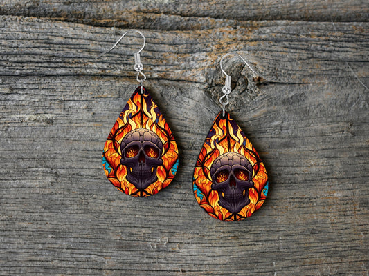 Flaming Skull Earrings Print Tear Drop Wood Dangle Earrings Hypoallergenic Jewelry