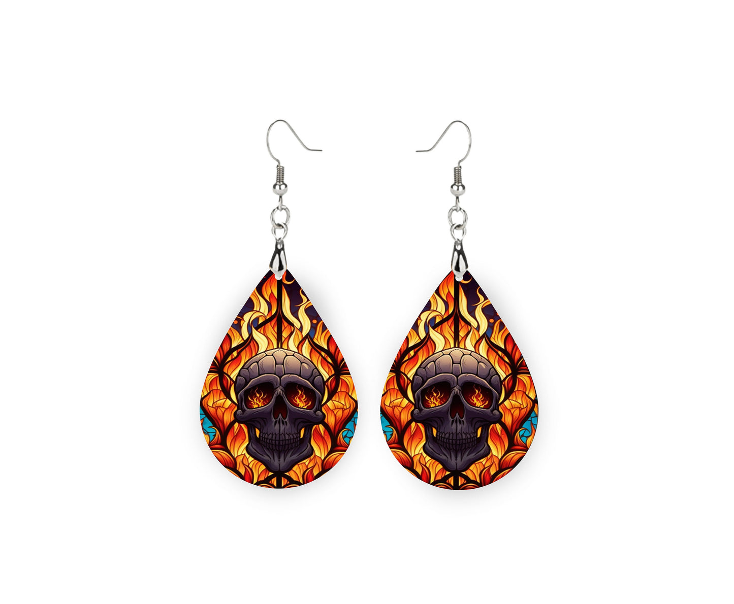 Flaming Skull Earrings Print Tear Drop Wood Dangle Earrings Hypoallergenic Jewelry