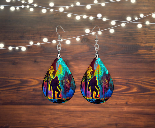 Full Moon Bigfoot Earrings Print Tear Drop Wood Dangle Earrings Hypoallergenic Jewelry