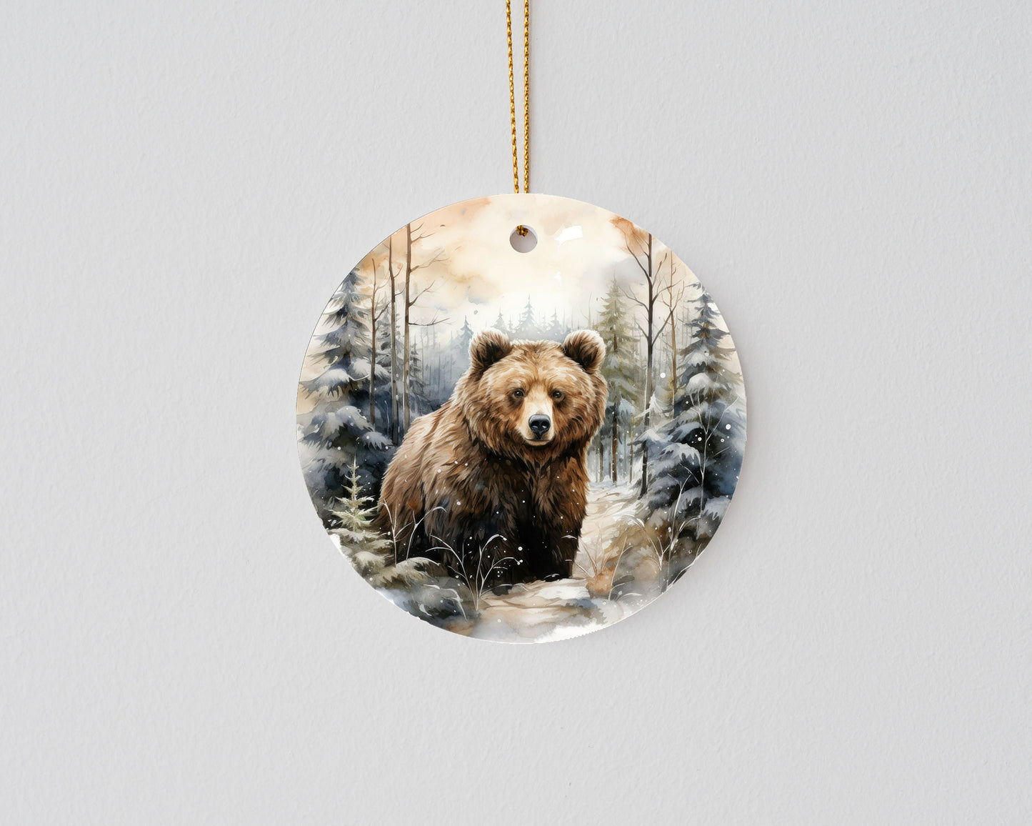 Christmas Ornament, Bear in Snow Forest Woodland Christmas Ceramic Christmas Ornament