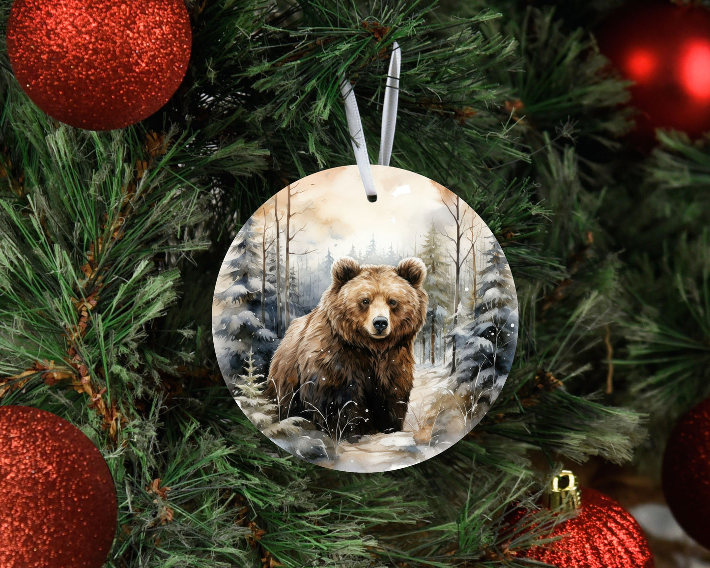 Christmas Ornament, Bear in Snow Forest Woodland Christmas Ceramic Christmas Ornament