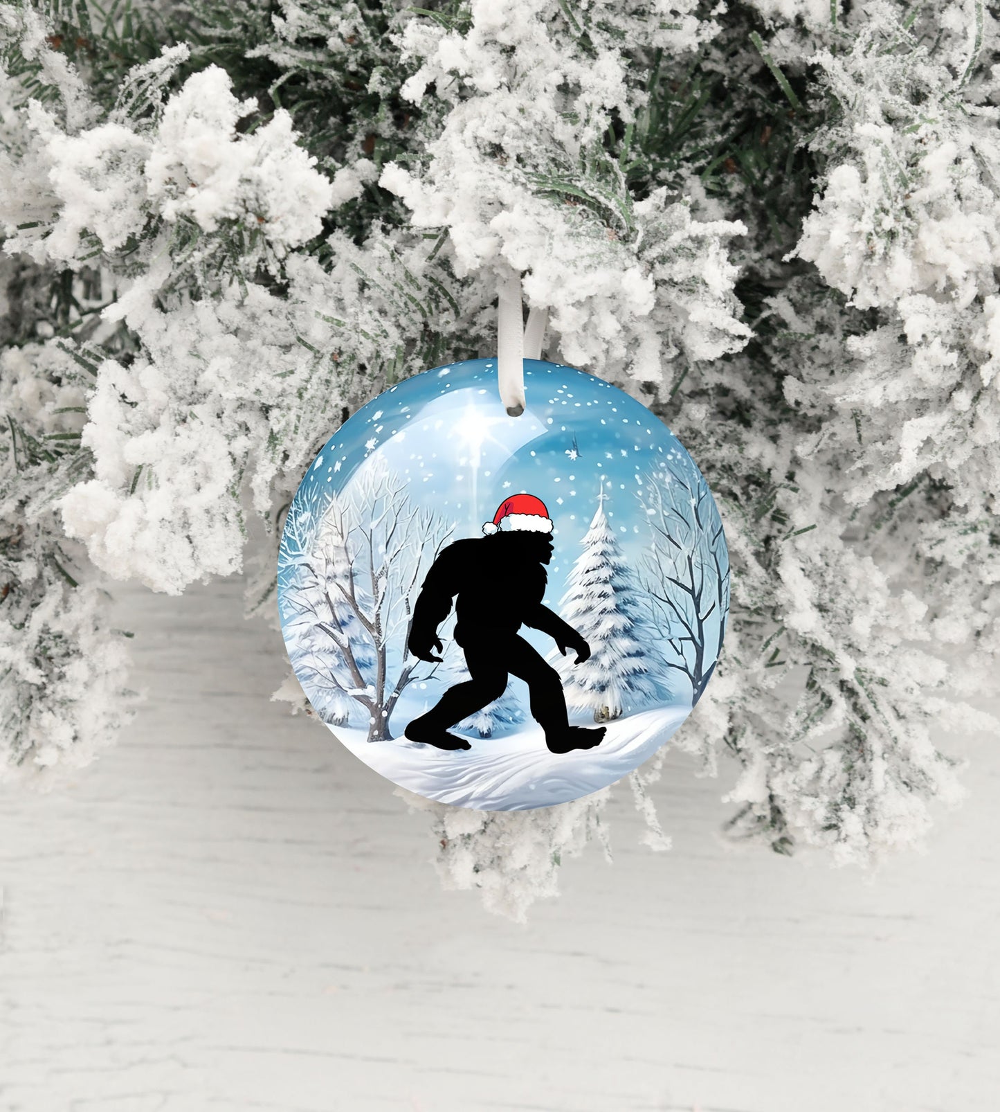 Christmas Ornament, Bigfoot in Snowy Forest Ceramic Christmas Ornament