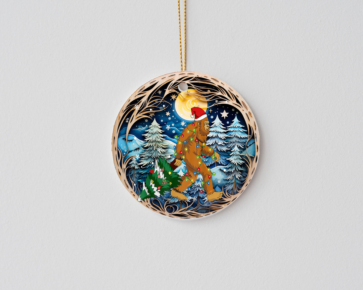 Christmas Ornament, Bigfoot Christmas Forest with Full Moon Ceramic Christmas Ornament, Christmas Decorations