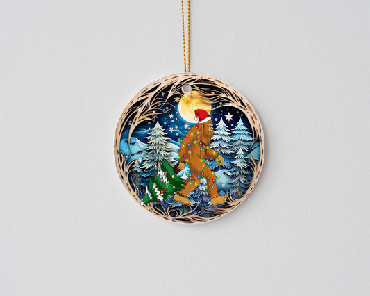 Christmas Ornament, Bigfoot Christmas Forest with Full Moon Ceramic Christmas Ornament, Christmas Decorations