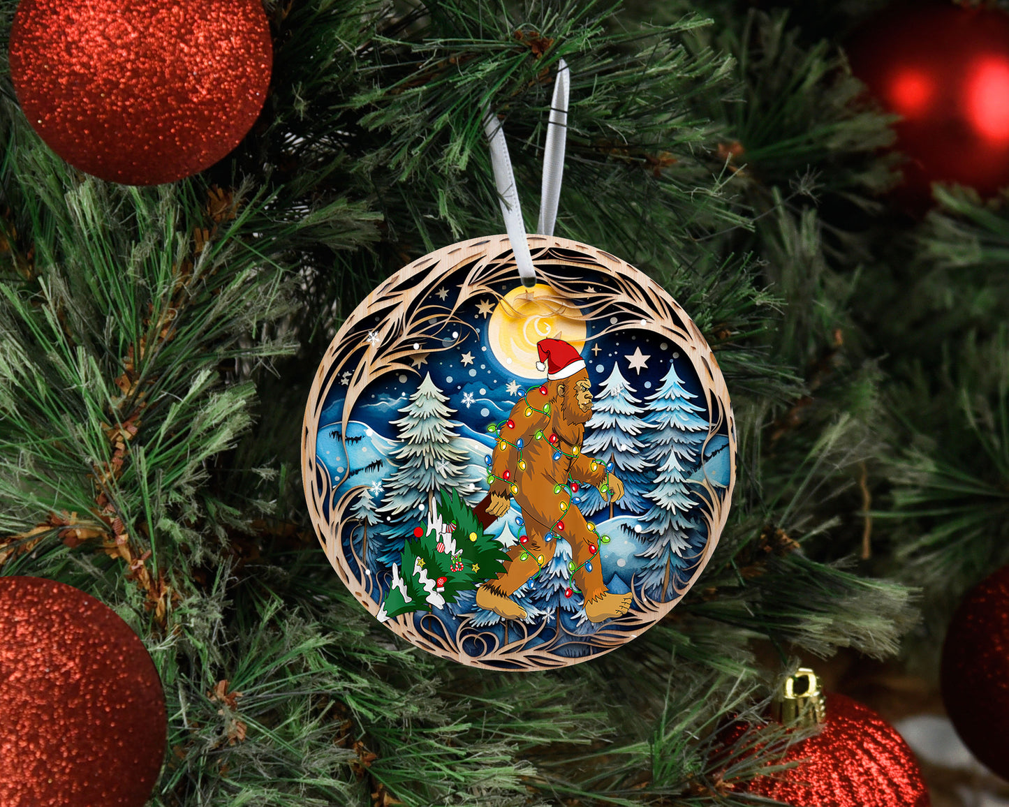 Christmas Ornament, Bigfoot Christmas Forest with Full Moon Ceramic Christmas Ornament, Christmas Decorations