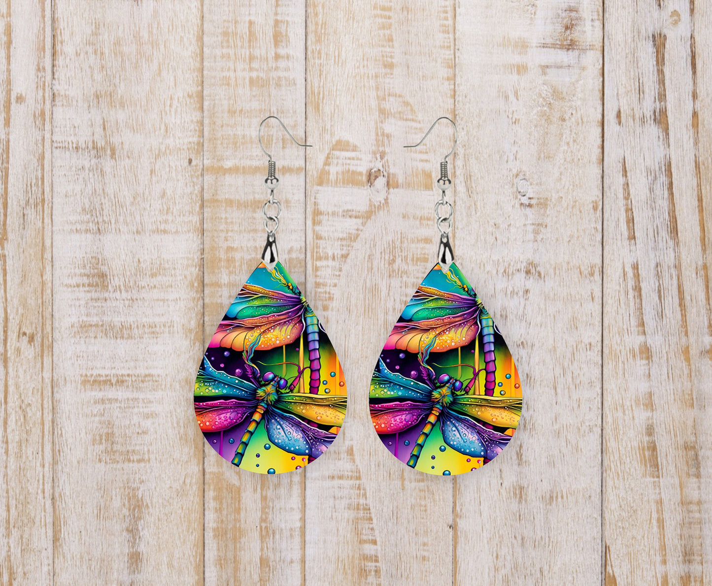 Color Drip Dragonfly Tear Drop Dangle Printed Earrings Jewelry Handmade