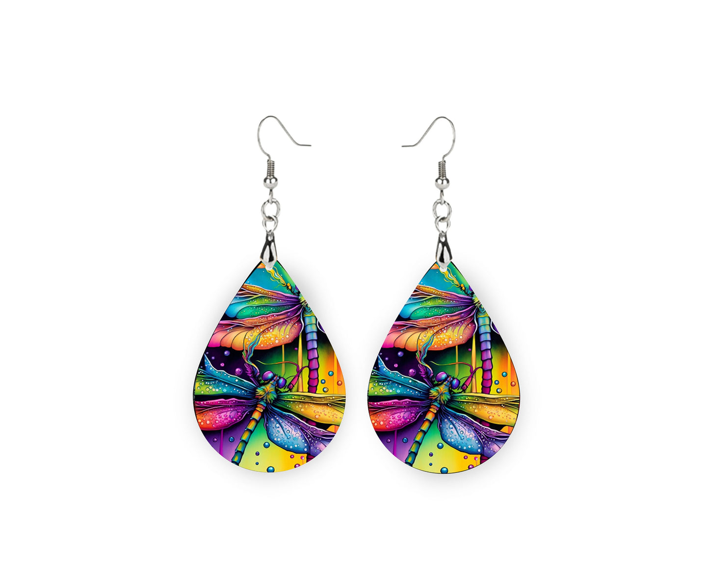 Color Drip Dragonfly Tear Drop Dangle Printed Earrings Jewelry Handmade