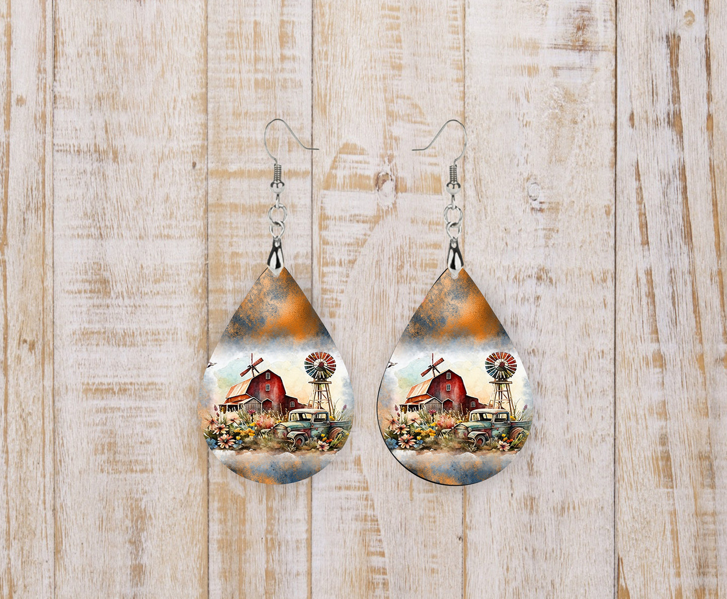 Country Farmhouse Tear Drop Dangle Printed Earrings Jewelry Handmade